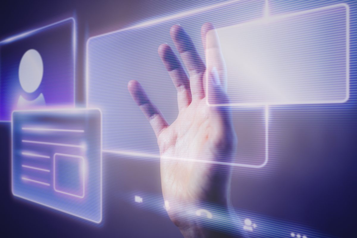 woman touching smart technology holographic interface